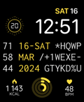 A celestial-themed Eclipse watch face featuring bold black-and-gold typography and dynamic activity metrics.