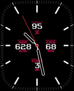 A retro-inspired Arcade Classic watch face with analog hands and gaming-style typography for activity stats