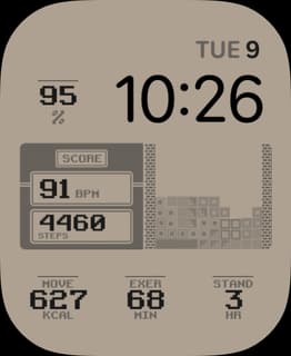A retro-themed Arcade Blocks watch face featuring pixelated block-stacking game graphics and activity metrics.