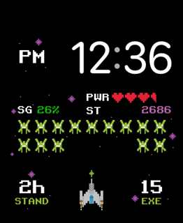 A retro-themed Arcade Spaceships watch face featuring pixelated spaceships, enemies, and heart-based power stats.