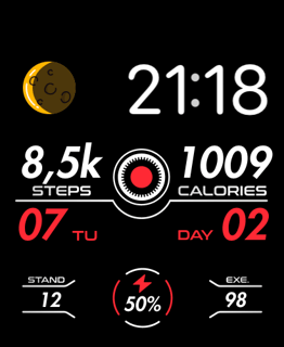 A cosmic-themed watch face featuring a moon design, step and calorie counters, and activity stats