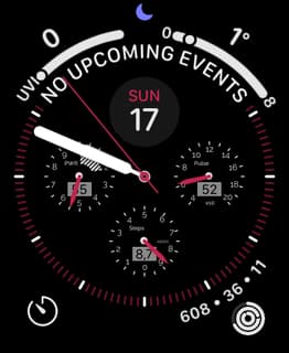A Horizon Military watch face featuring analog dials for power, pulse, and steps with a bold, tactical design