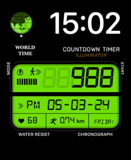 A bold green Illuminator watch face featuring world time, countdown timer, and digital activity metrics.