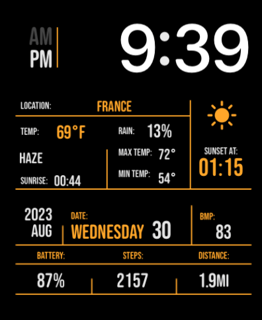 A Minimalist Duo watch face featuring a clean dual-panel layout with weather, date, steps, and battery statistics