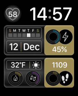 A Panels watch face with gold-accented panels displaying daily stats like steps, temperature, and heart rate.