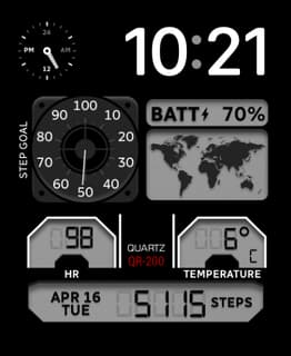 A Quartz watch face featuring a retro-style layout with metrics for heart rate, steps, temperature, and battery.