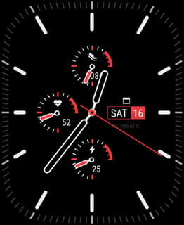 A Regular Military watch face featuring an analog-style layout with dials for heart rate, steps, and power stats.