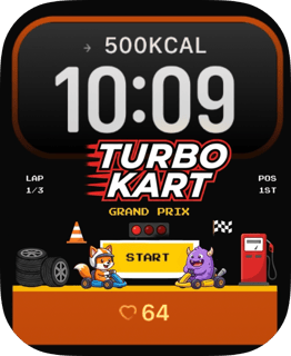 Turbo Kart watch face for Apple Watch with a cartoon fox and a purple monster racing go-karts past tyre stacks and a fuel pump