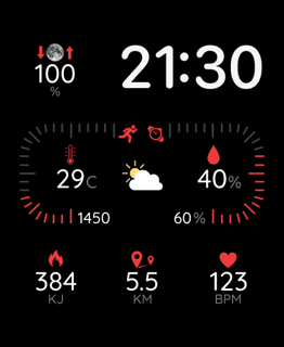 An Ultra Minimalist watch face featuring a clean layout with stats for temperature, heart rate, distance, and activity metrics.