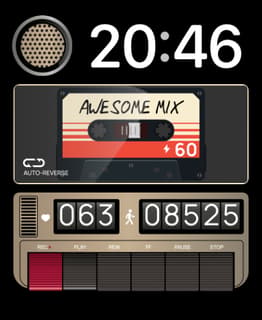 A Vol 2 watch face featuring a retro cassette labeled "Awesome Mix" with player controls and activity stats for heart rate and steps.