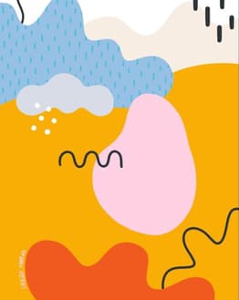 Playful abstract watch face featuring yellow, pink, blue, and red shapes with dotted patterns and black squiggles in a vibrant design
