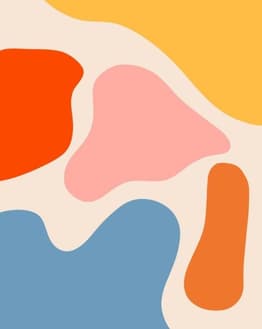 Abstract artistic composition of orange, pink, blue, and yellow shapes in a modern watch face design