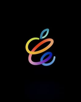 Apple-inspired watch face featuring a vibrant script logo in rainbow colors on a black background