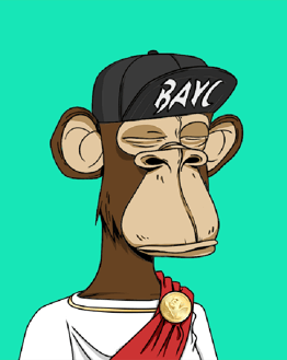 Illustration of an ape wearing a toga with a gold medallion and a BAYC cap, featured on a watch face.