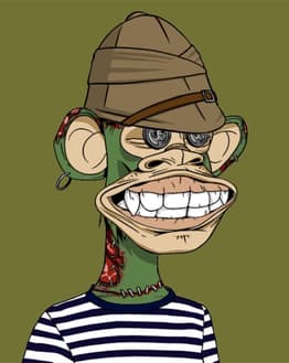 Illustration of a green zombie ape with stitched scars, steampunk goggles, a rugged hat, and a striped shirt, featured on a watch face.