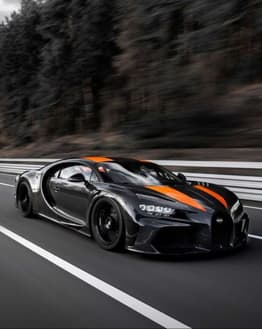 Illustration of a Bugatti Chiron supercar in black with orange stripes, speeding on a highway, featured on a watch face.