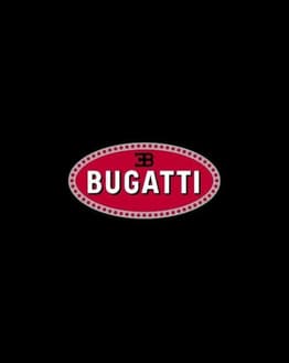 The iconic Bugatti logo in red and white on a black background, featured on a watch face.