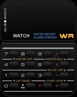 A retro digital watch face featuring a classic calculator design with functional buttons and a sleek black layout.