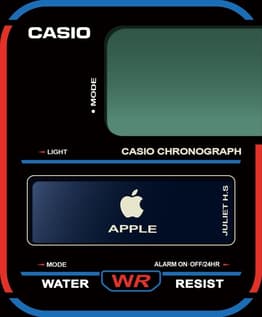 A Casio-inspired chronograph watch face with a green digital display, Apple logo, "Juliet H.S." branding, and bold red and blue accents.