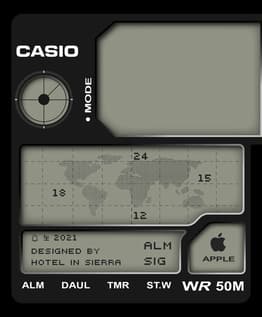 A Casio-inspired watch face featuring a world map display, Apple logo, and retro-modern branding like "Hotel in Sierra."