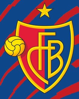 The FC Basel crest with a yellow star, golden football, and red and blue shield design, set against a dynamic striped background, featured on a watch face.
