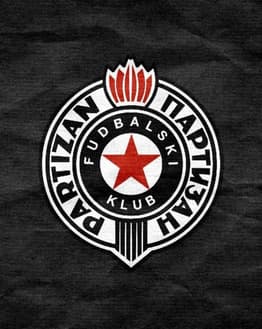 Partizan Football Club logo featuring a red star emblem with black and white detailing, displayed on a textured dark background