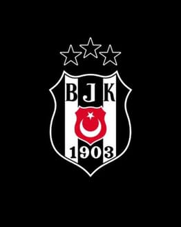 Beşiktaş Football Club crest with black and white stripes, Turkish crescent and star, and three stars above, displayed on a black background