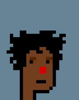 Pixel art character with spiky hair, warm brown skin, and a red nose on a light blue background, displayed on a watch face