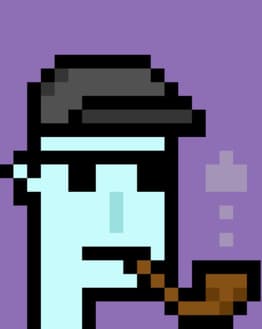 Pixel art character with light blue skin, a black cap, sunglasses, and a smoking pipe on a purple background, displayed on a watch face