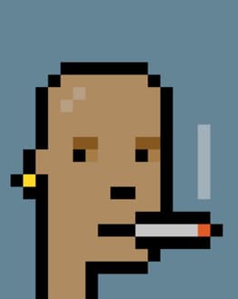 Pixel art character with a bald head, a yellow earring, and a smoking cigarette on a light blue background, displayed on a watch face