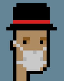 Pixel art character with a black hat, red band, and a white face mask on a light blue background, displayed on a watch face