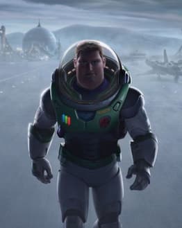 Illustration of Buzz Lightyear in his space suit, walking confidently on a futuristic sci-fi base, featured on a watch face.
