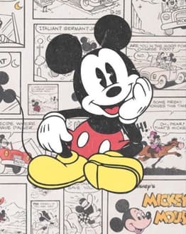 Illustration of classic Mickey Mouse sitting with a playful expression, set against a nostalgic comic strip background on a watch face.
