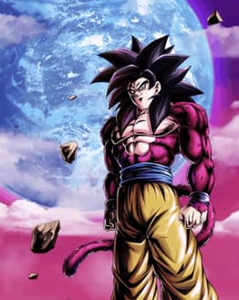 Illustration of Goku in Super Saiyan 4 form with crimson fur and black hair, standing against a moonlit sky, featured on a watch face.