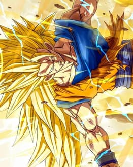 Illustration of Goku in his Super Saiyan 3 form with golden flowing hair and lightning effects, featured on a watch face.