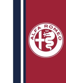 A watch face featuring the Alfa Romeo logo with a bold red background and navy and white stripes.