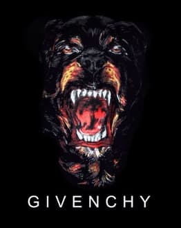 A watch face featuring the iconic Givenchy snarling Rottweiler design on a sleek black background.