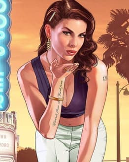 A watch face featuring the GTA V Vinewood Girl blowing a kiss with a sunset and palm trees in the background.