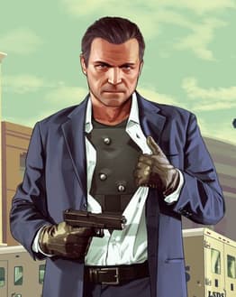 A watch face featuring Michael from GTA V in a suit, revealing body armor and holding a pistol against a sunny Los Santos backdrop.