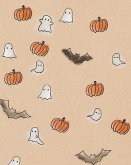 Playful Halloween-themed design featuring ghosts, pumpkins, and bats on a beige background, displayed on a watch face.