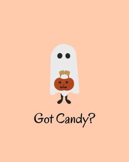 Cute ghost holding a pumpkin candy bucket with "Got Candy?" text on a peach background, displayed on a watch face.