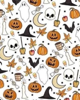 A playful Halloween pattern featuring pumpkins, ghosts, skulls, bats, and candy on a white background, displayed on a watch face.
