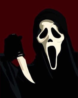 Illustration of the Ghostface character holding a knife against a deep red background, evoking a classic horror vibe, displayed on a watch face.