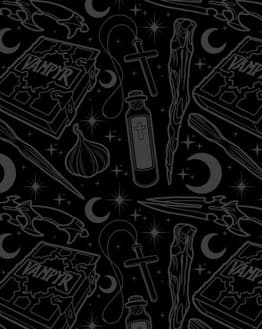 Seamless Gothic pattern featuring vampire essentials like garlic, stakes, crosses, and mystical symbols on a black background, displayed on a watch face.
