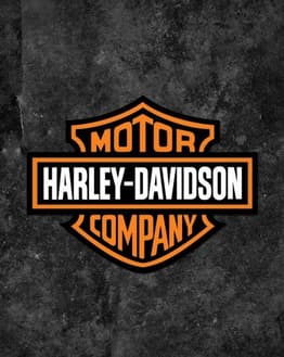 Harley-Davidson shield logo in orange and black on a rugged dark textured background, displayed on a watch face.