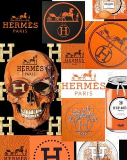 Hermès-inspired collage with iconic logos, orange tones, and creative design elements