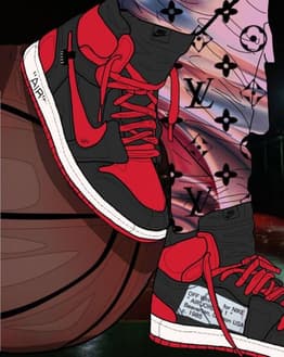 Illustration of red and black high-top basketball sneakers paired with designer-inspired leggings on a basketball court, designed for a watch face.