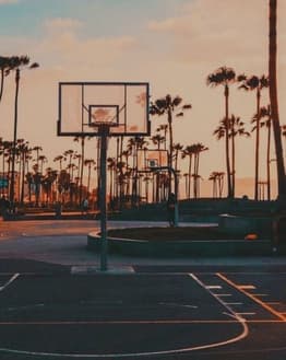 A basketball court at Venice Beach with palm trees silhouetted against a vibrant sunset, designed for a watch face.
