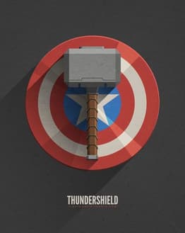 Thundershield watch face displaying Mjolnir (Thor’s hammer) placed on Captain America’s shield over a dark background.
