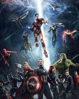 Avengers Assemble watch face displaying Iron Man, Captain America, Thor, Hulk, Black Widow, and other Marvel superheroes in an epic battle scene.